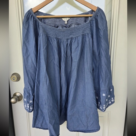 Terra Sky Chambray Blouse 2X Plus Blue Off-Shoulder Women FlareSleeve Embroidery - Picture 5 of 11